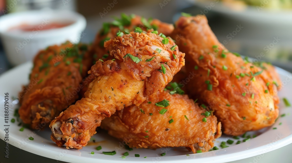 golden brown fried chicken pieces on a white bowl or plate. golden brown fried chicken pieces on a white bowl or plate.