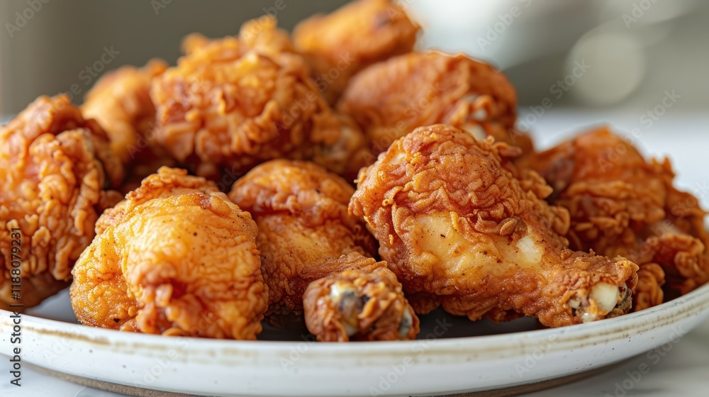 golden brown fried chicken pieces on a white bowl or plate. golden brown fried chicken pieces on a white bowl or plate.