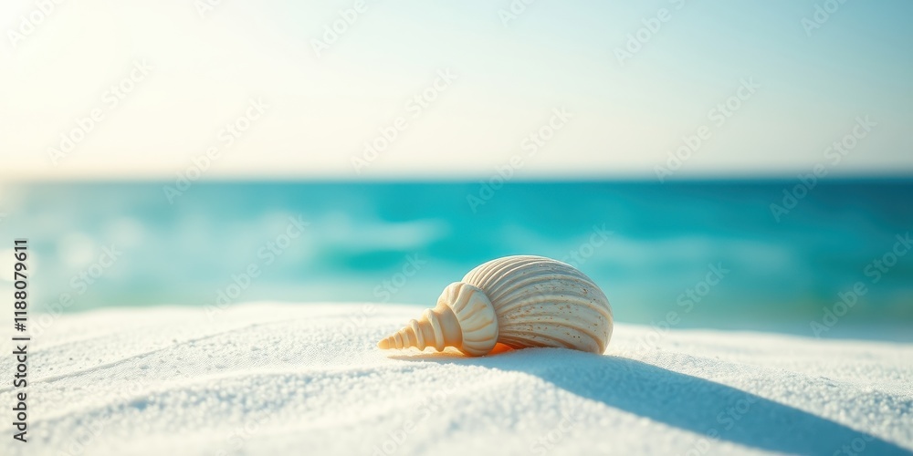 Obraz premium A Single Seashell Rests on Pristine White Sand, Backdropped by the Azure Waters of the Ocean