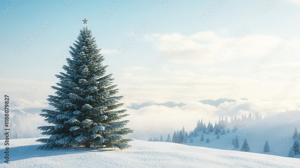 A serene winter landscape featuring a snow-covered Christmas tree under a clear blue sky. A serene winter landscape featuring a snow-covered Christmas tree under a clear blue sky.
