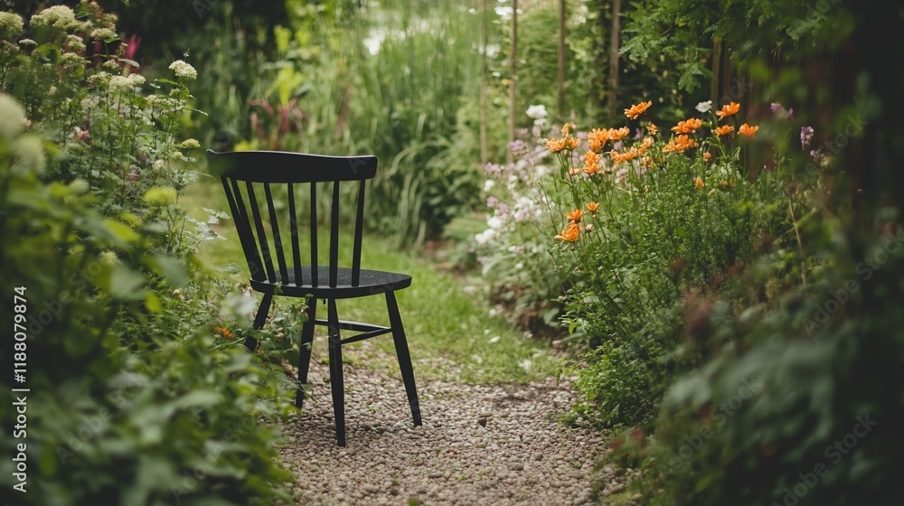 Obraz premium Black chair in lush garden path.