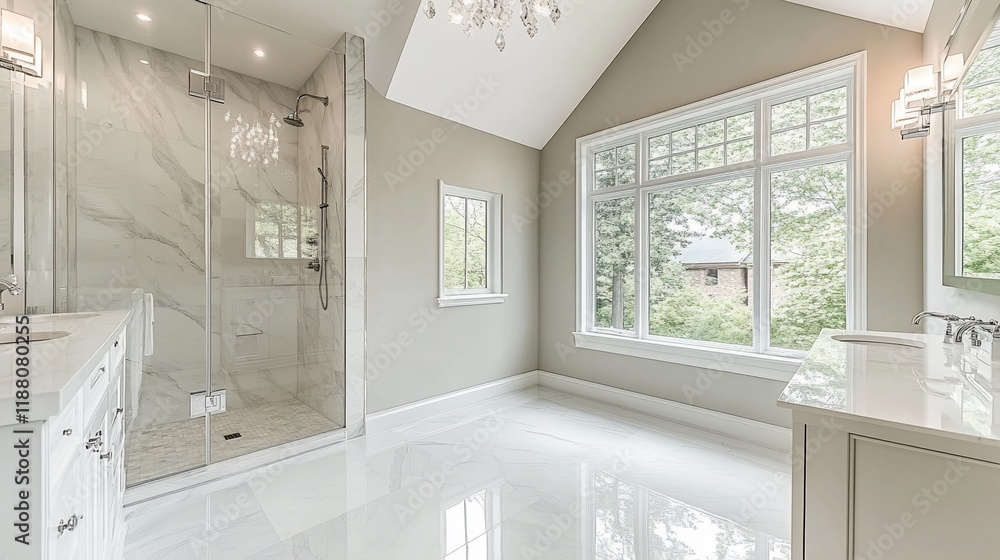 Fototapeta premium Luxurious bathroom with marble floors, walk-in shower, and large window.