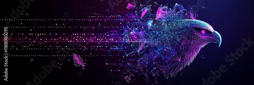 Abstract eagle head dissolving into digital particles.