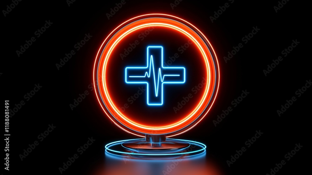Obraz premium health warning reporting concept. Neon medical cross symbol with a heartbeat design on a dark background.