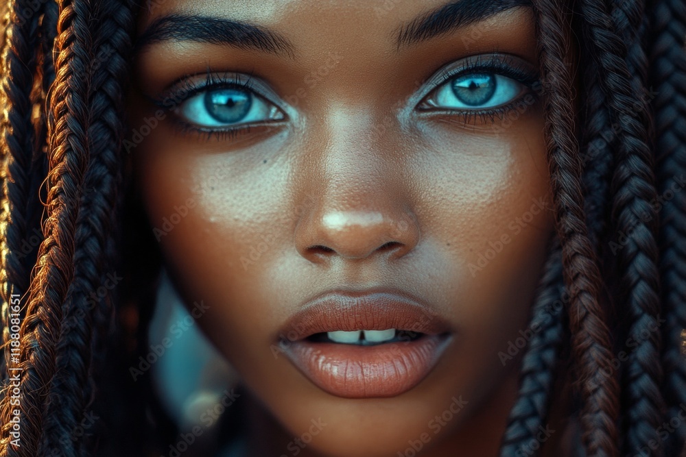 Long trim - braids hair. Commercial promotion visual idea. Attractive very shocked black girl - for ads, road poster and social platforms use. Afro-american style. Beauty in black advertising. Long trim - braids hair. Commercial promotion visual idea. Attractive very shocked black girl - for ads, road poster and social platforms use. Afro-american style. Beauty in black advertising.