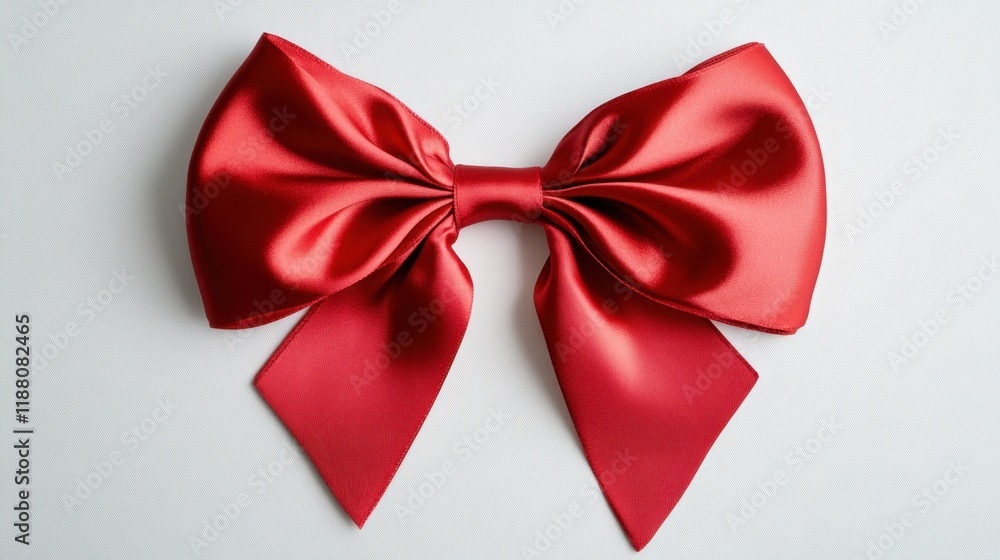 A festive red satin bow with sharp, symmetrical loops and a glossy finish, elegantly positioned on a bright white background. A festive red satin bow with sharp, symmetrical loops and a glossy finish, elegantly positioned on a bright white background.