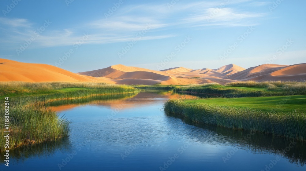 Serene Desert Oasis With Winding Waterway And Sand Dunes Serene Desert Oasis With Winding Waterway And Sand Dunes