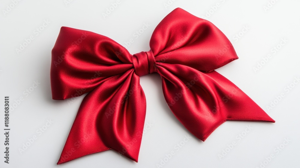 A festive red satin bow with smooth, glossy loops and sharp tails, isolated on a white background with soft lighting. A festive red satin bow with smooth, glossy loops and sharp tails, isolated on a white background with soft lighting.