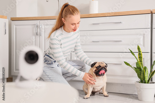 Young woman with her pug do...