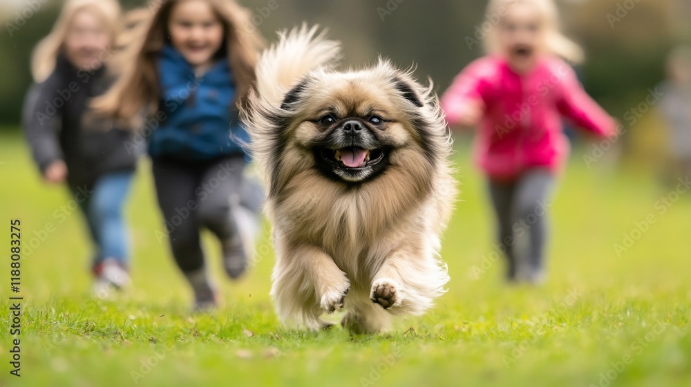 Happy dog running towards camera with children playing in background. (1) Happy dog running towards camera with children playing in background. (1)
