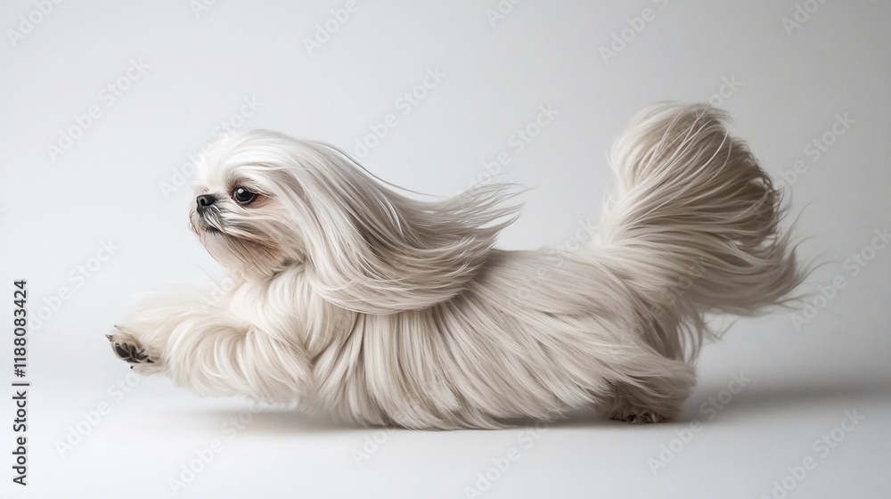 Fluffy white dog running against white background. Fluffy white dog running against white background.