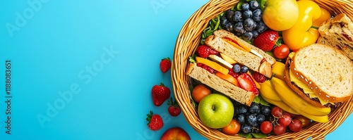 Wallpaper Mural A picnic basket filled with summer treats like sandwiches and fruit, placed against a solid background Torontodigital.ca