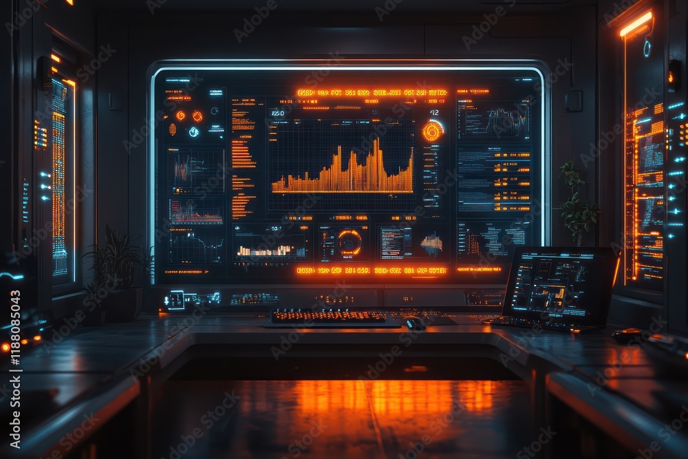 Futuristic Control Room: Neon Orange Data Streams Futuristic Control Room: Neon Orange Data Streams