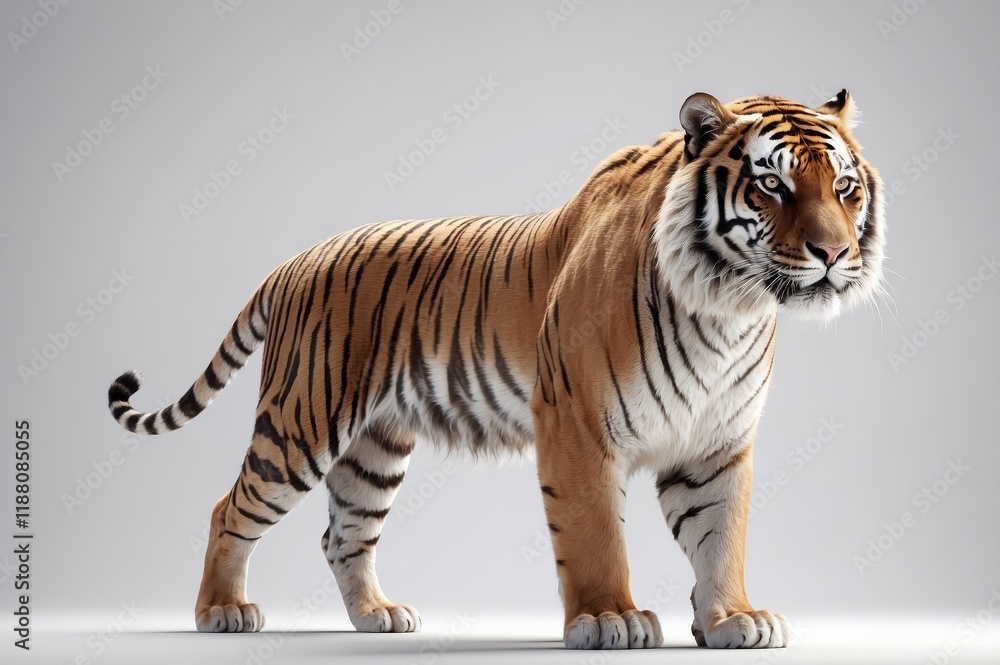 Obraz premium Majestic tiger standing, isolated on white background.