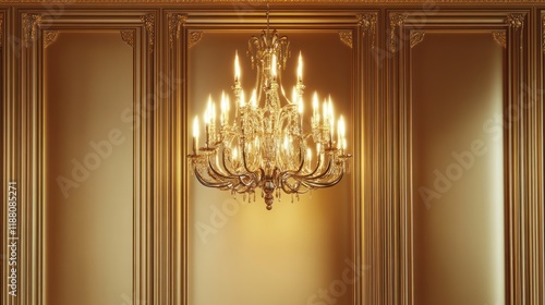 Gold chandelier on ornate wall.