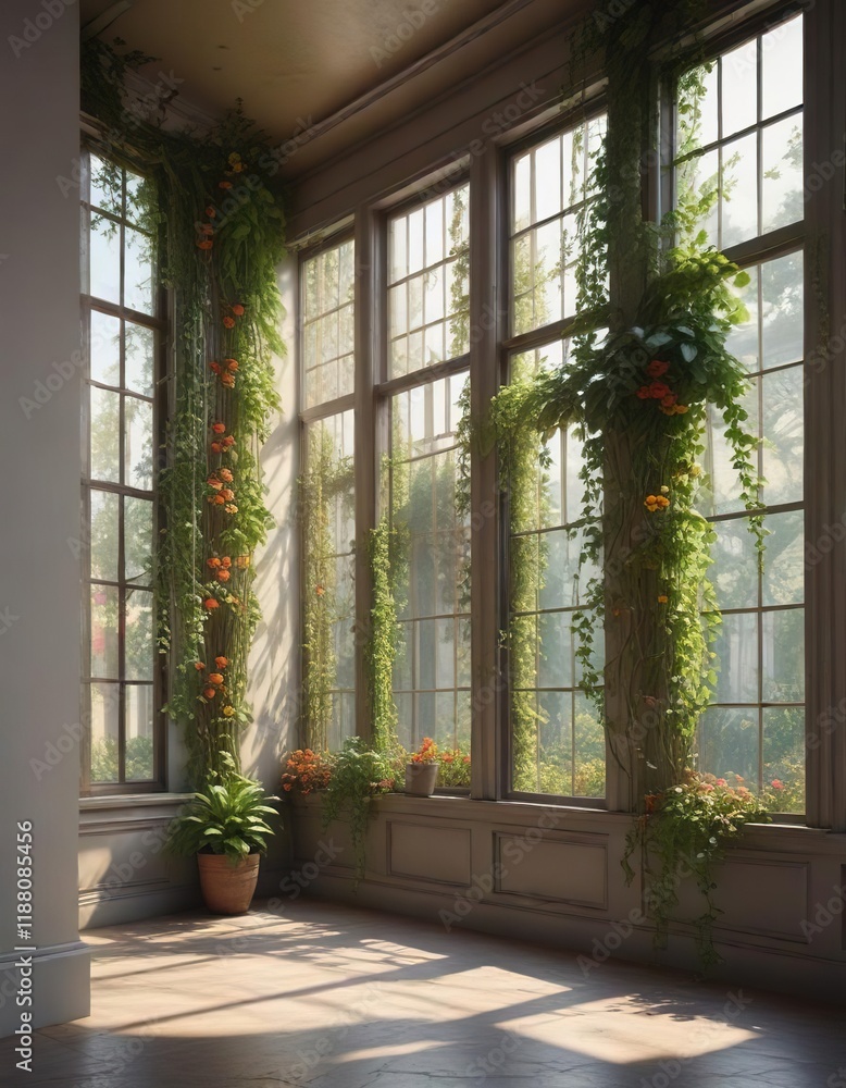 Tall windows on one side of the hall adorned with trailing vines and hanging plants, peaceful atmosphere, Tall windows on one side of the hall adorned with trailing vines and hanging plants, peaceful atmosphere,