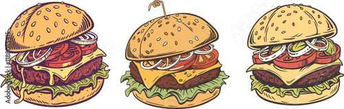 Delicious vintage Cheeseburger Vector Illustration.Perfect for Fast Food Branding,Menu Design,and Advertising.Editable Graphics for Restaurants Cafes.Mouth Watering Burger Clipart Digital Print Use