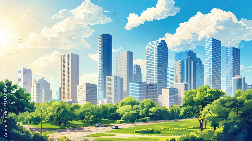 Fototapeta premium Vibrant City Skyline Surrounded by Lush Green Park and Blue Sky