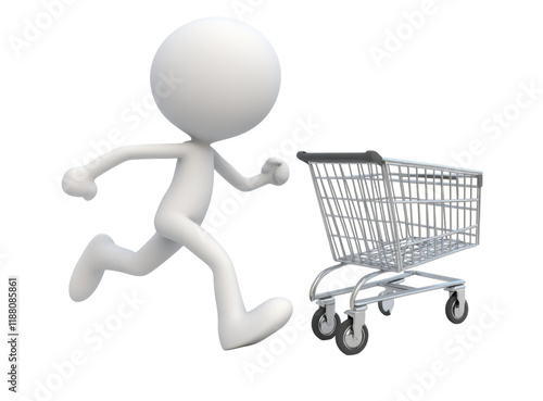 3D rendered stick figure energetically running towards shopping cart, symbolizing enthusiasm for shopping. scene is simple yet dynamic, capturing sense of motion and excitement