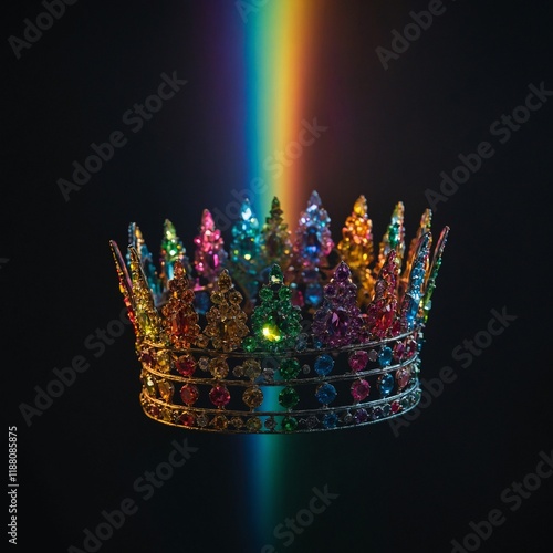 A futuristic, fragmented rainbow diamond crown emitting light beams into a black void.

 photo