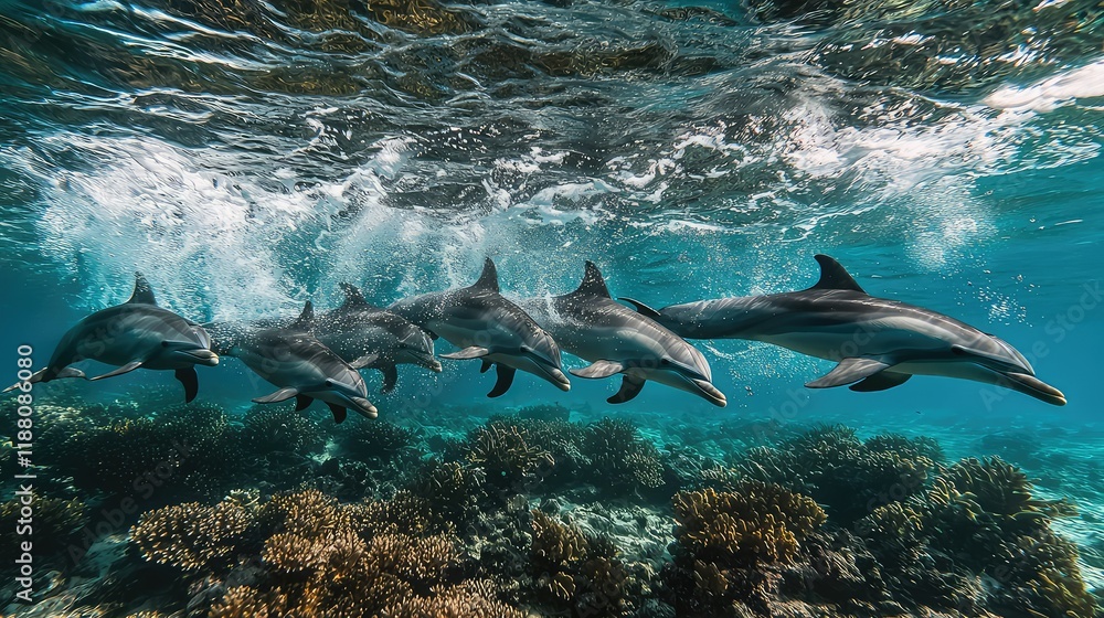 Obraz premium Graceful Dolphins Swimming Amidst Coral Reefs Under Ocean Waves