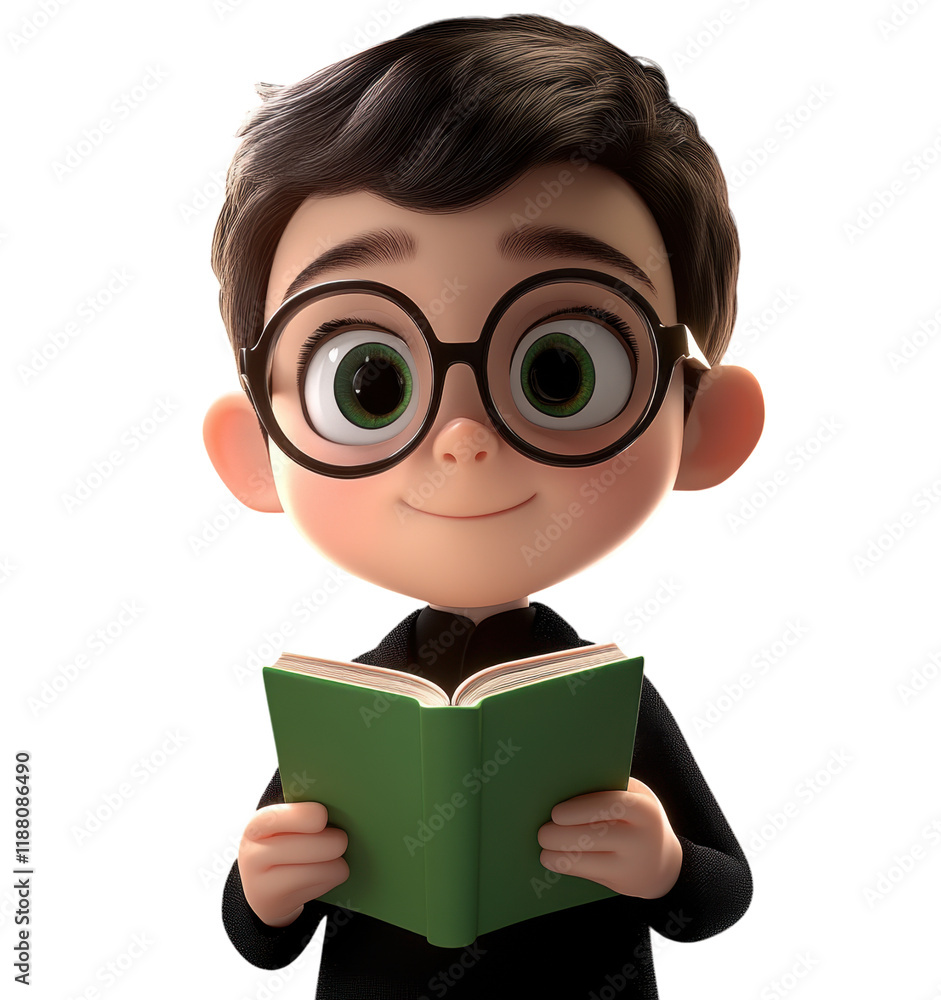 delightful 3D cartoon baby boy with glasses is absorbed in book, showcasing curiosity and wonder. character expressive eyes and joyful demeanor highlight love for reading delightful 3D cartoon baby boy with glasses is absorbed in book, showcasing curiosity and wonder. character expressive eyes and joyful demeanor highlight love for reading
