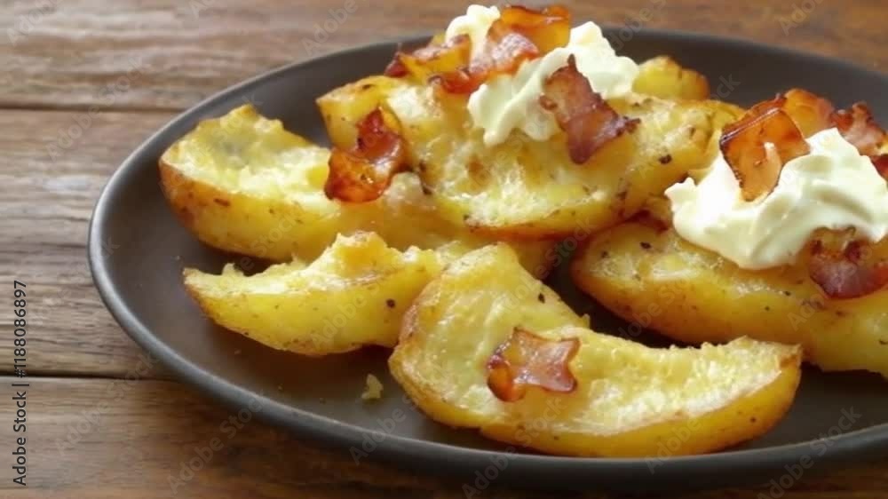 Wooden backdrop potato skins crispy cheese bacon bits