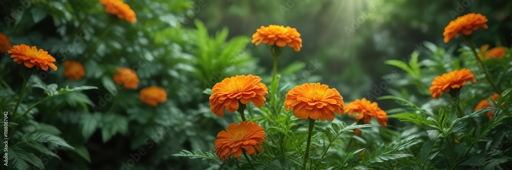 Vibrant orange marigold flower against a backdrop of lush green leaves, autumn foliage, floral arrangement Vibrant orange marigold flower against a backdrop of lush green leaves, autumn foliage, floral arrangement