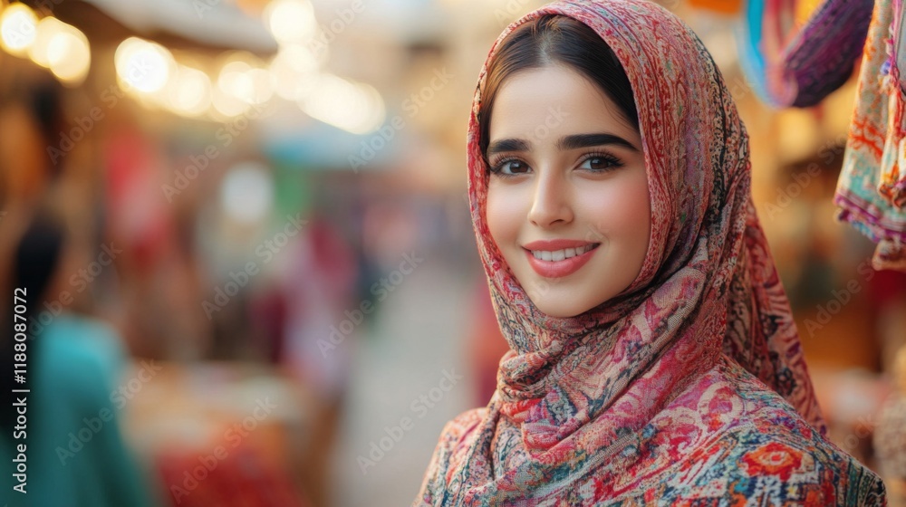 Young Woman Smiling Wearing Colorful Headscarf Young Woman Smiling Wearing Colorful Headscarf