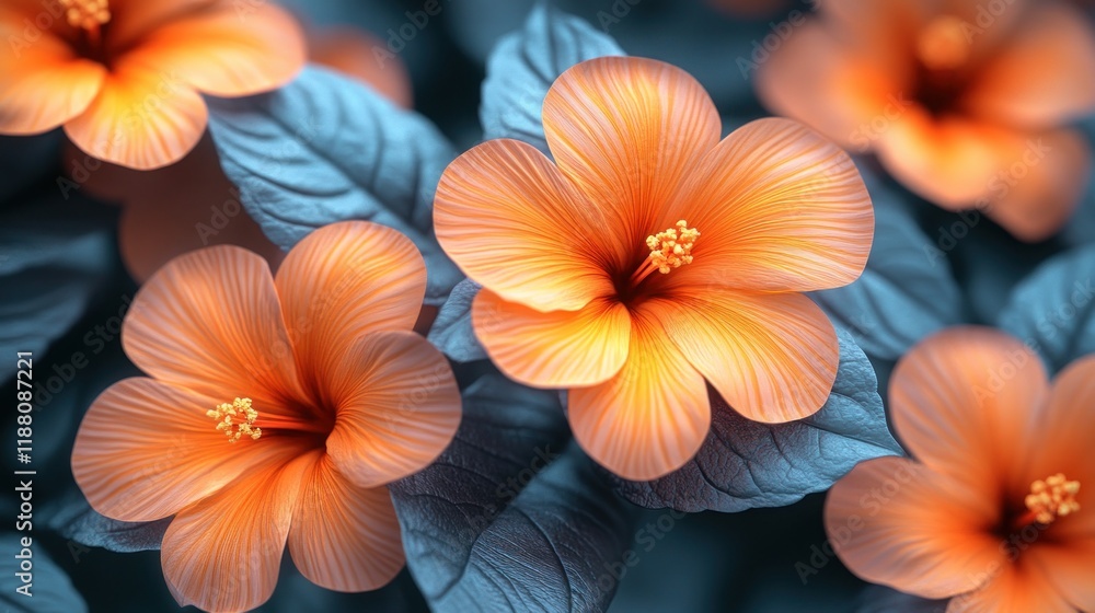 Fototapeta premium Orange hibiscus flowers blooming amidst blue leaves.