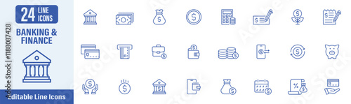 Bank and finance line icon set. Contains icons as bank, finance, money, check, wallet, credit card, ATM, piggy, payment, currency, banking and more. Vector illustration.