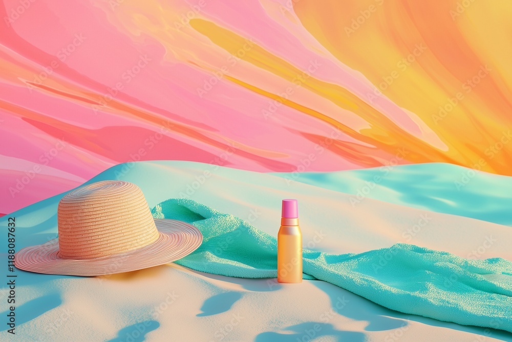 A beach hat, beach towel, and sunscreen resting on a soft sand, set against a vibrant background A beach hat, beach towel, and sunscreen resting on a soft sand, set against a vibrant background