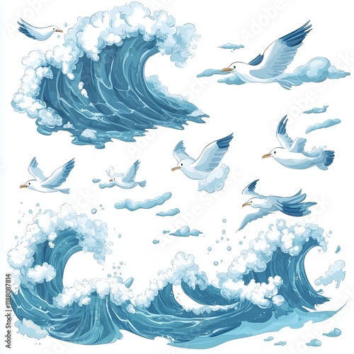 Ocean Waves and Seagulls Clipart Digital Art for Design photo