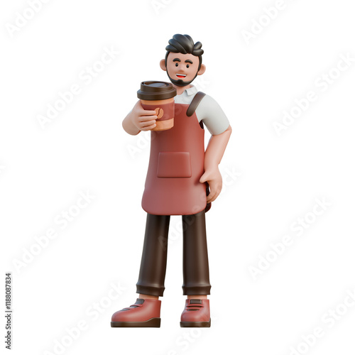 Barista brings coffee cup 3d illustration