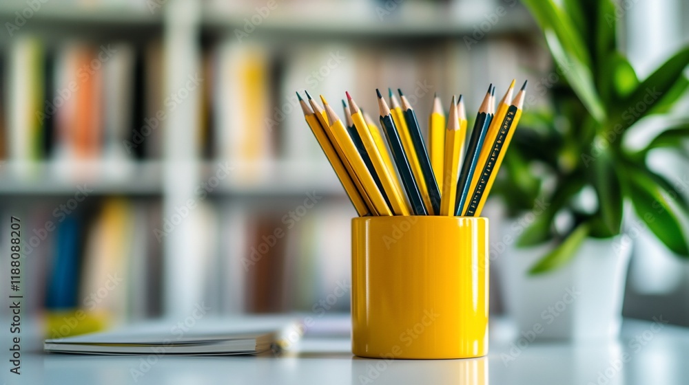 Colorful pencils in yellow holder on desk. Colorful pencils in yellow holder on desk.