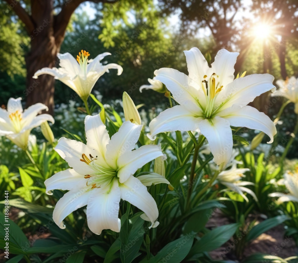White lily flower blooming in the garden with sunlight filter through trees , blossom, spring White lily flower blooming in the garden with sunlight filter through trees , blossom, spring