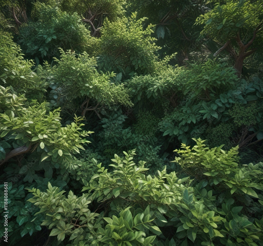 Wide-angle view of a dense thicket of bushes with intertwined branches and varying shades of green leaves, landscape, natural scenery, forest floor