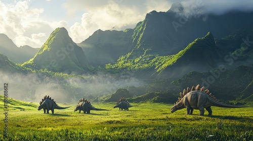 Fototapeta Naklejka Na Ścianę i Meble -  Stegosaurs foraging in lush prehistoric landscape with mountains