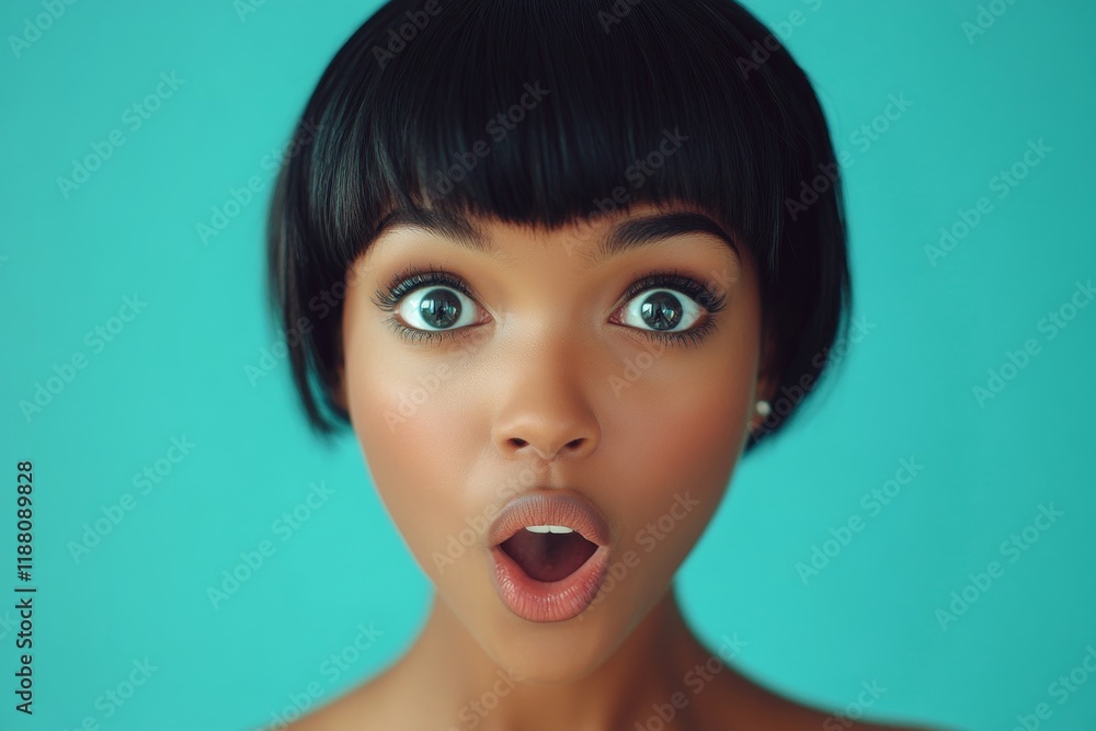 Short hairdo - straight hair. Commercial ad campaign concept creative graphic design. Lovely very shocked black girl - for ads, billboard and digital marketing use. Black woman in style. Short hairdo - straight hair. Commercial ad campaign concept creative graphic design. Lovely very shocked black girl - for ads, billboard and digital marketing use. Black woman in style.