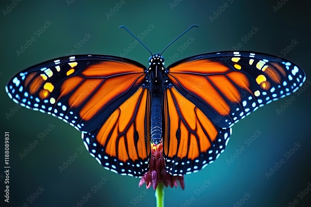 Obraz premium A closeup of a monarch butterfly feeding on nectar, with delicate patterns visible on its wings.