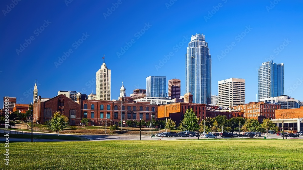 Obraz premium Modern Urban Skyline with Green Park in Foreground on Clear Day