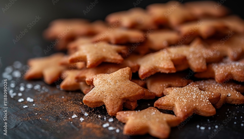 Close-up of a pile of freshly baked star-shaped gingerbread cookies sprinkled with sugar. Close-up of a pile of freshly baked star-shaped gingerbread cookies sprinkled with sugar.