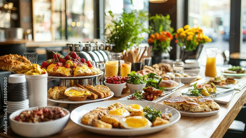 Bright and Colorful Brunch Table Setup with Variety of Dishes Bright and Colorful Brunch Table Setup with Variety of Dishes