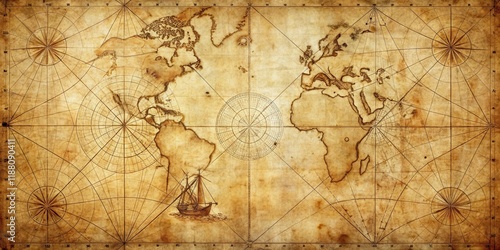 Wallpaper Mural Ancient navigation chart with weathered parchment texture and faded ink markings, sailing charts, distressed paper Torontodigital.ca