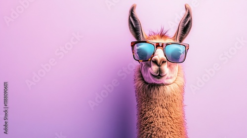 Cool llama wearing sunglasses against purple background.