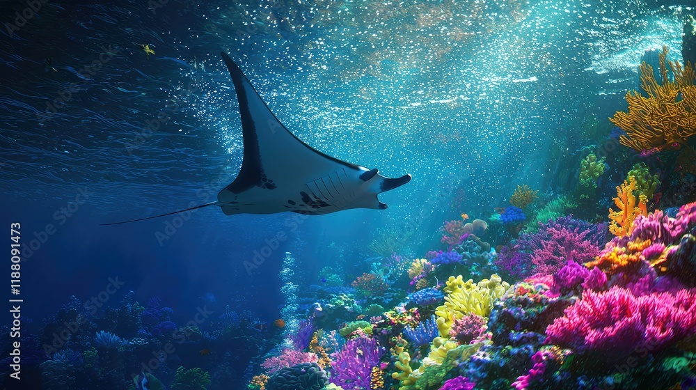 Obraz premium Majestic Manta Ray Gliding Through Vibrant Coral Reef Underwater