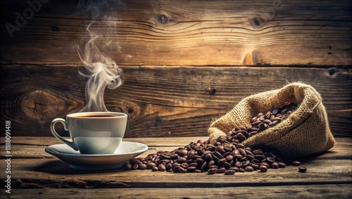 Cozy cup of coffee surrounded by heart-shaped smoke and scattered coffee beans on a worn-out burlap sack against an old wooden backdrop, vintage, ambiance