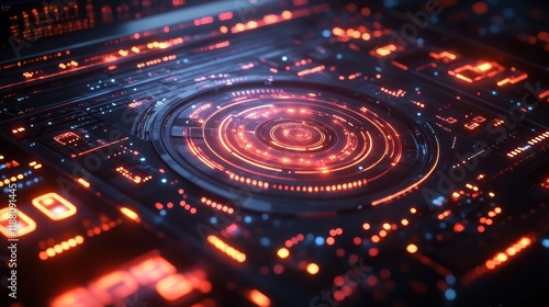 Wallpaper Mural Futuristic Interface: Glowing Circuit Board with Central Control Panel Torontodigital.ca