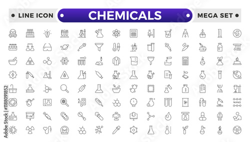 Chemicals outline icons - flask, lab tube, scientist, dropper, petri dish, beaker, experiment, education, biotechnology. Thin line art about laboratory research.
