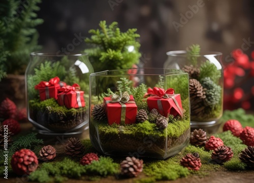 A handful of red gifts placed in a small terrarium with moss and pinecones, natural elements, cozy atmosphere
